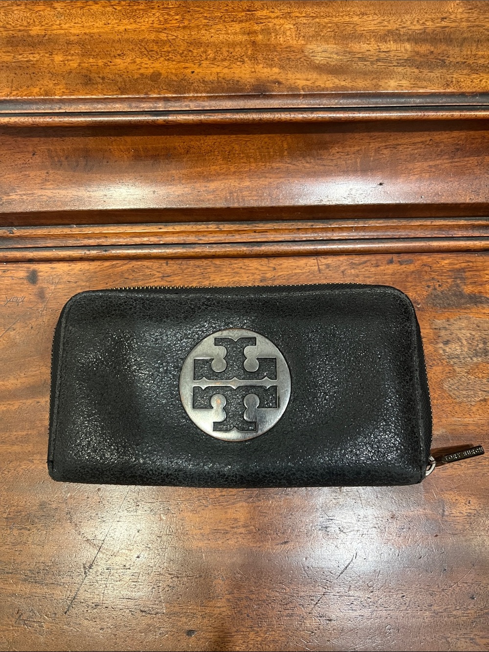 Tory Burch Black Textured Leather Zip Wallet with Gunmetal Logo